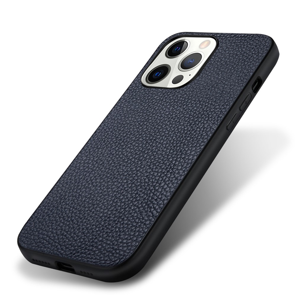 Shock Absorption Litchi Texture Genuine Leather + TPU Phone Case for iPhone 13 Pro 6.1 inch - Blue-3