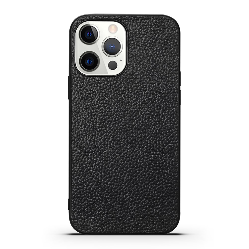 Shock Absorption Litchi Texture Genuine Leather + TPU Phone Case for iPhone 13 Pro 6.1 inch - Black-1