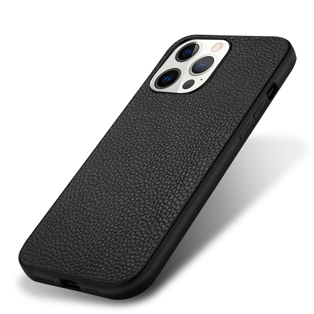 Shock Absorption Litchi Texture Genuine Leather + TPU Phone Case for iPhone 13 Pro 6.1 inch - Black-3