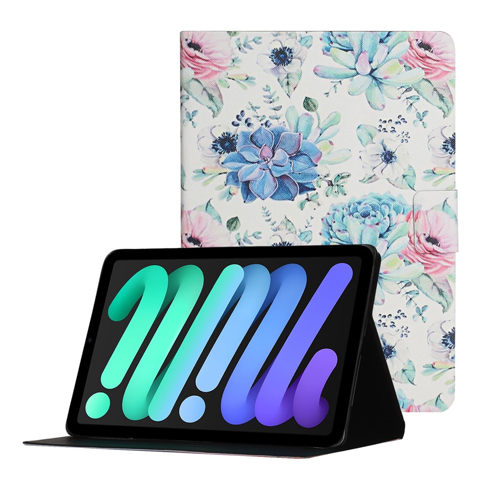 Stylish Pattern Printing Anti-Drop Magnetic Clasp Card Holder Leather Stand Case for iPad mini (2021) - Blue Flower-1