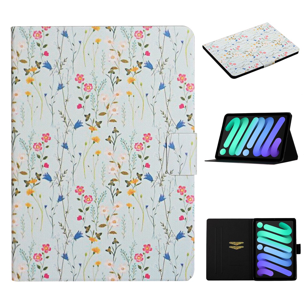Stylish Pattern Printing Anti-Drop Magnetic Clasp Card Holder Leather Stand Case for iPad mini (2021) - Flowers-9