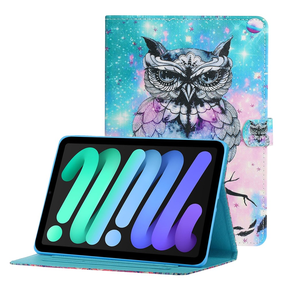 Magnetic Clasp Stylish Pattern Printing Shockproof Card Holder Design Leather Stand Case for iPad mini (2021) - Owl-1