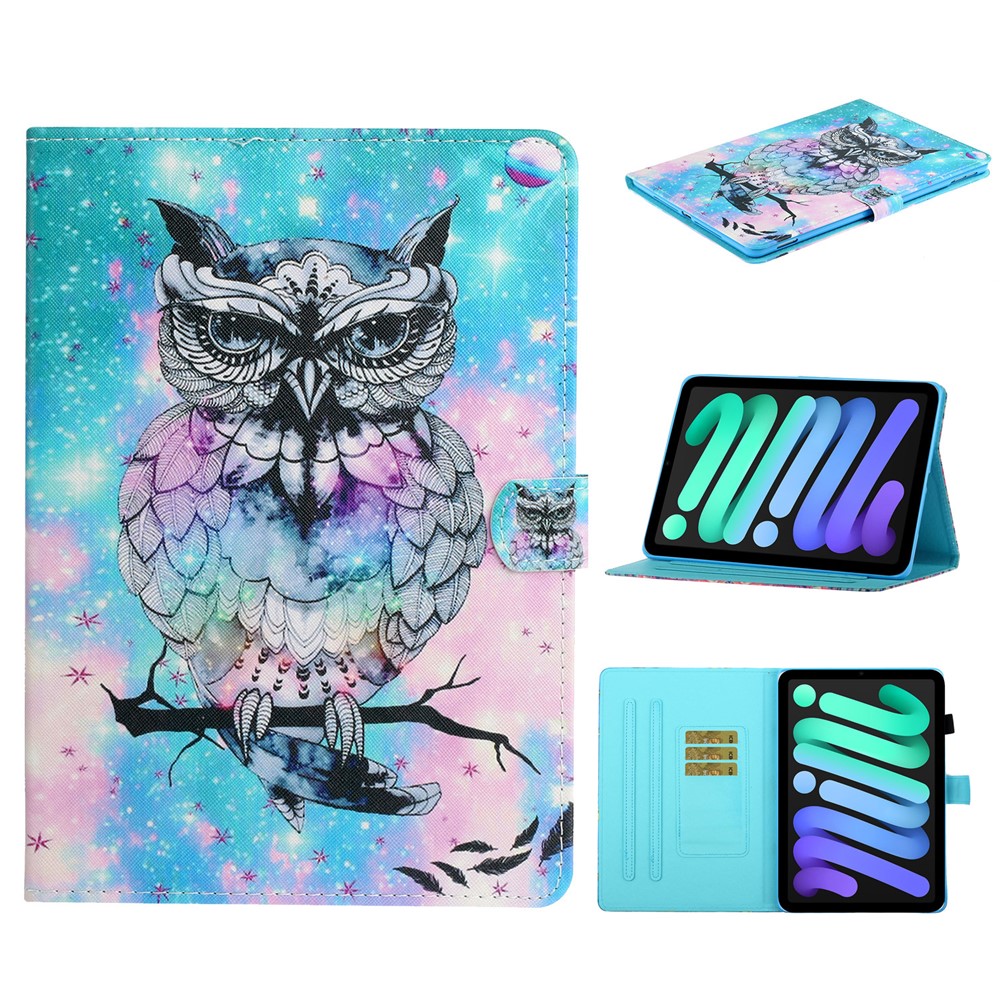 Magnetic Clasp Stylish Pattern Printing Shockproof Card Holder Design Leather Stand Case for iPad mini (2021) - Owl-10