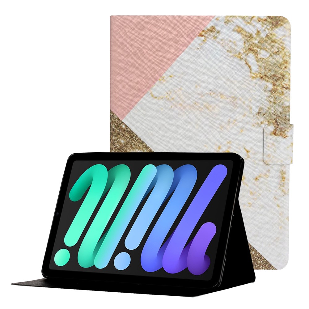 Stylish Pattern Printing Card Holder Design Anti-Fall Magnetic Clasp Leather Case with Stand for iPad mini (2021) - White/Gold-1