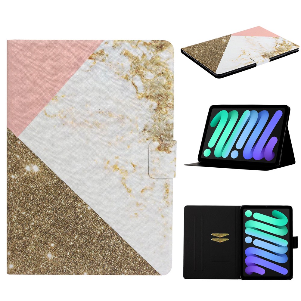 Stylish Pattern Printing Card Holder Design Anti-Fall Magnetic Clasp Leather Case with Stand for iPad mini (2021) - White/Gold-10