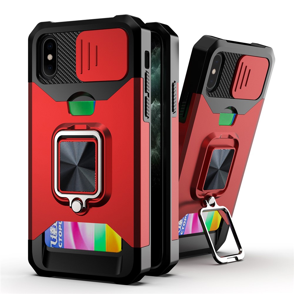 Sliding Camera Cover Card Slot Design Built-in Ring Holder Kickstand Phone Case for iPhone XS 5.8 inch - Red-1