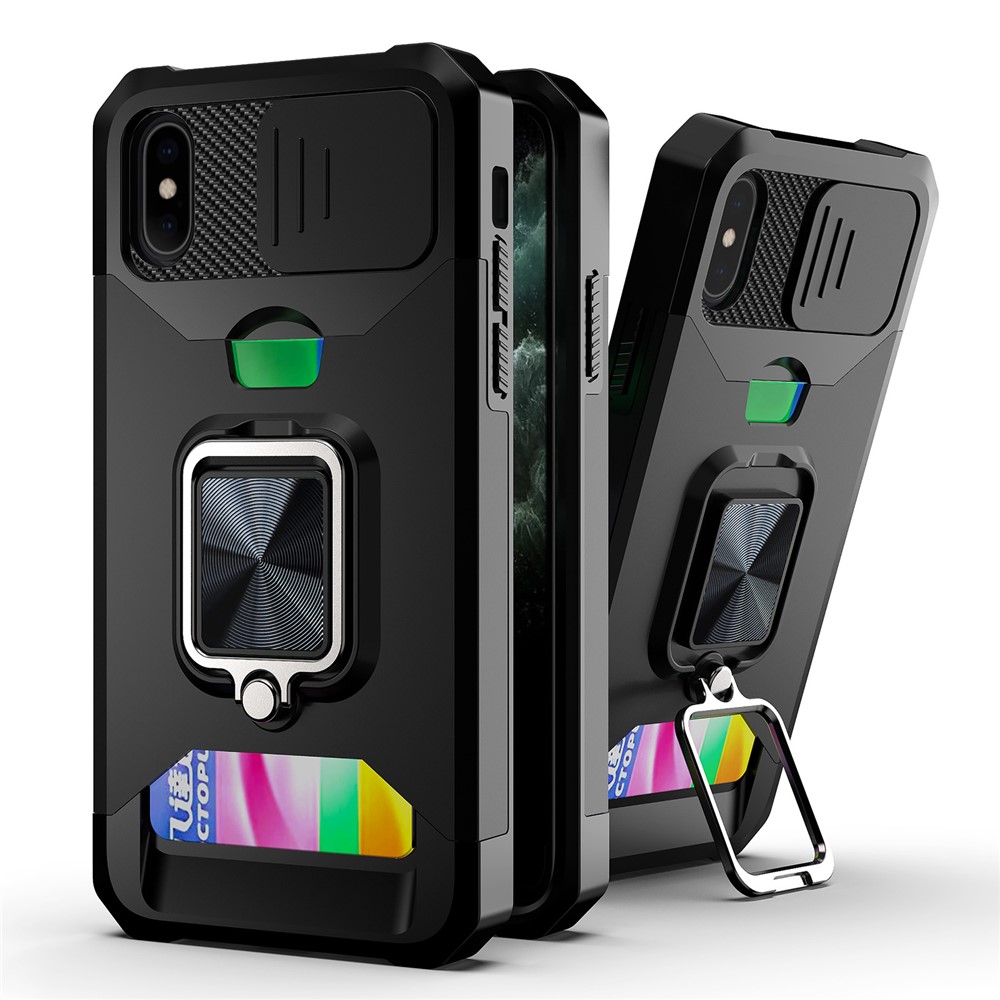 Sliding Camera Cover Card Slot Design Built-in Ring Holder Kickstand Phone Case for iPhone XS 5.8 inch - Black-1