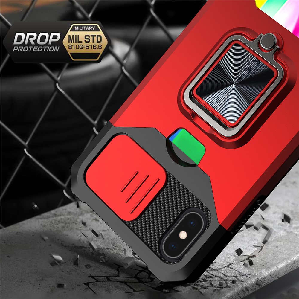 Sliding Camera Cover Card Slot Design Built-in Ring Holder Kickstand Phone Case for iPhone XS 5.8 inch - Gold-2