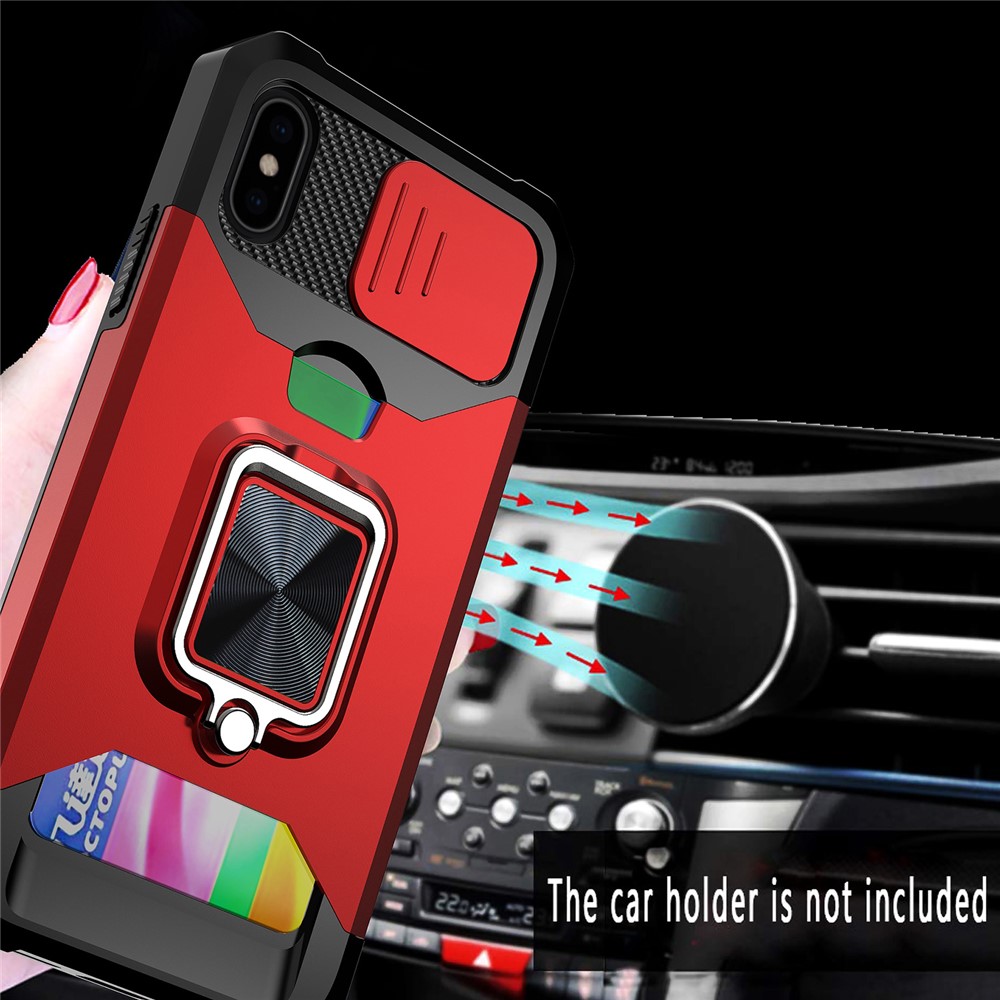 Sliding Camera Cover Card Slot Design Built-in Ring Holder Kickstand Phone Case for iPhone XS 5.8 inch - Gold-5
