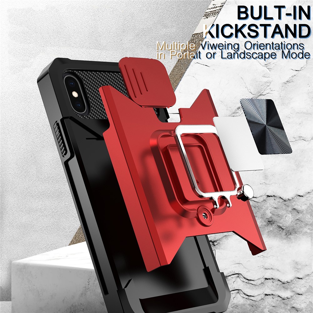 Sliding Camera Cover Card Slot Design Built-in Ring Holder Kickstand Phone Case for iPhone XS 5.8 inch - Gold-7