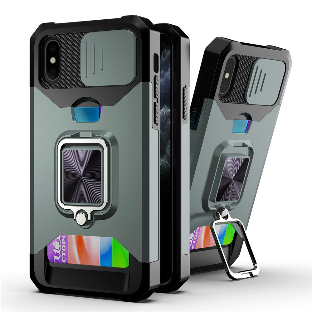 Sliding Camera Cover Card Slot Design Built-in Ring Holder Kickstand Phone Case for iPhone XS 5.8 inch - Blackish Green-1