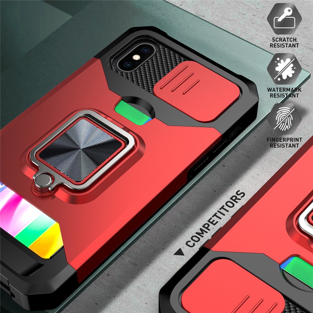 Sliding Camera Cover Card Slot Design Built-in Ring Holder Kickstand Phone Case for iPhone XS 5.8 inch - Blackish Green-3