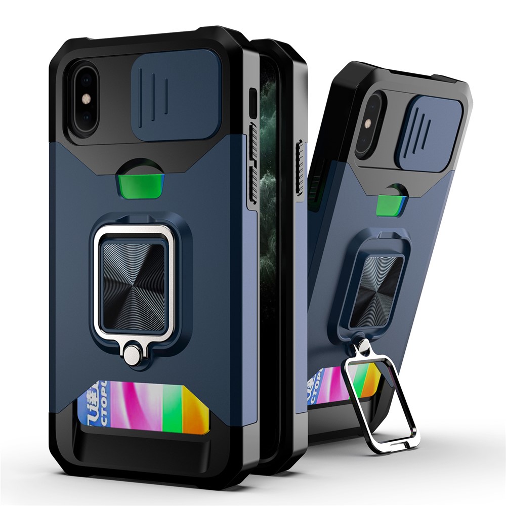 Sliding Camera Cover Card Slot Design Built-in Ring Holder Kickstand Phone Case for iPhone XS 5.8 inch - Navy Blue-1