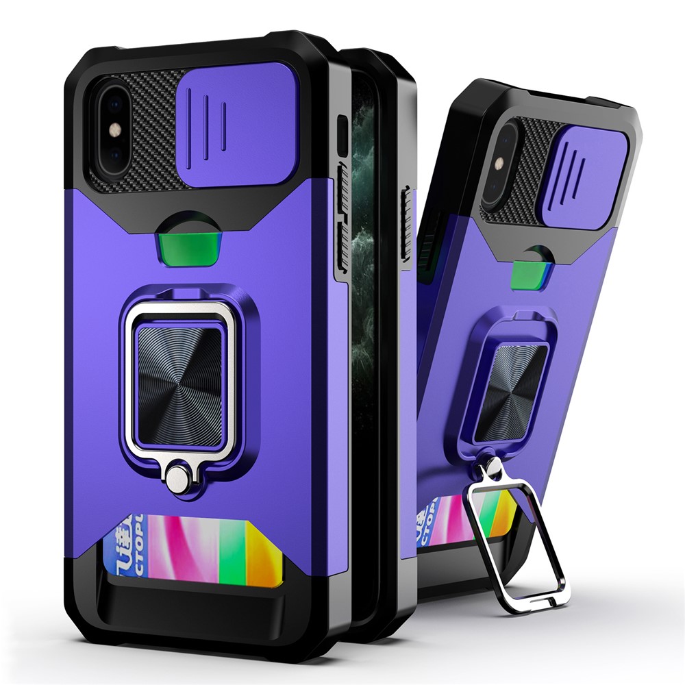 Sliding Camera Cover Card Slot Design Built-in Ring Holder Kickstand Phone Case for iPhone XS 5.8 inch - Purple-1