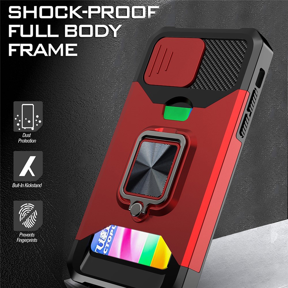 Sliding Camera Cover Card Slot Design Built-in Ring Holder Kickstand Phone Case for iPhone XS 5.8 inch - Purple-4