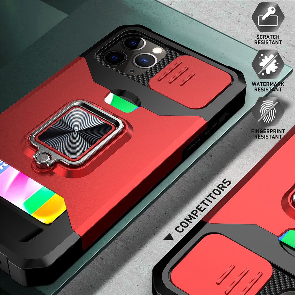 Sliding Camera Cover Design Anti-Drop Ring Holder Kickstand Phone Case with Card Slot for iPhone 11 Pro Max 6.5 inch - Red-3