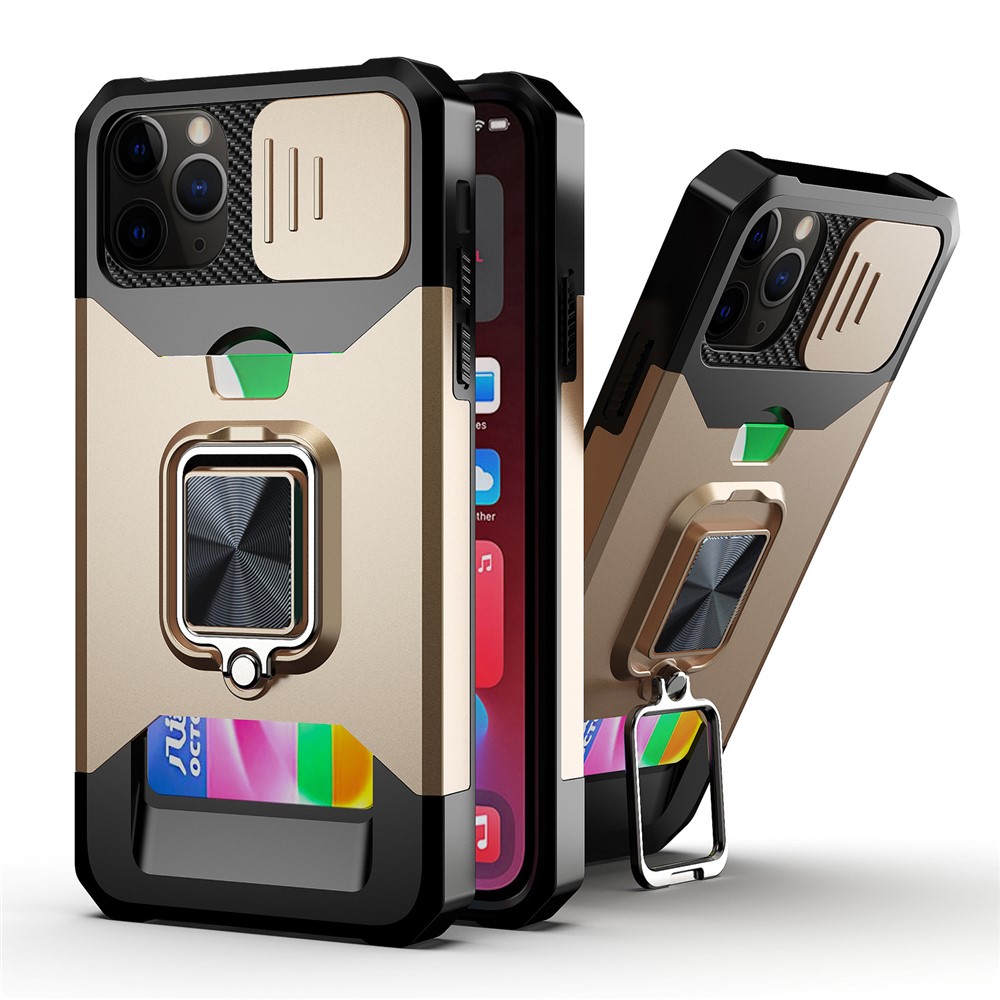 Sliding Camera Cover Design Anti-Drop Ring Holder Kickstand Phone Case with Card Slot for iPhone 11 Pro Max 6.5 inch - Gold-1