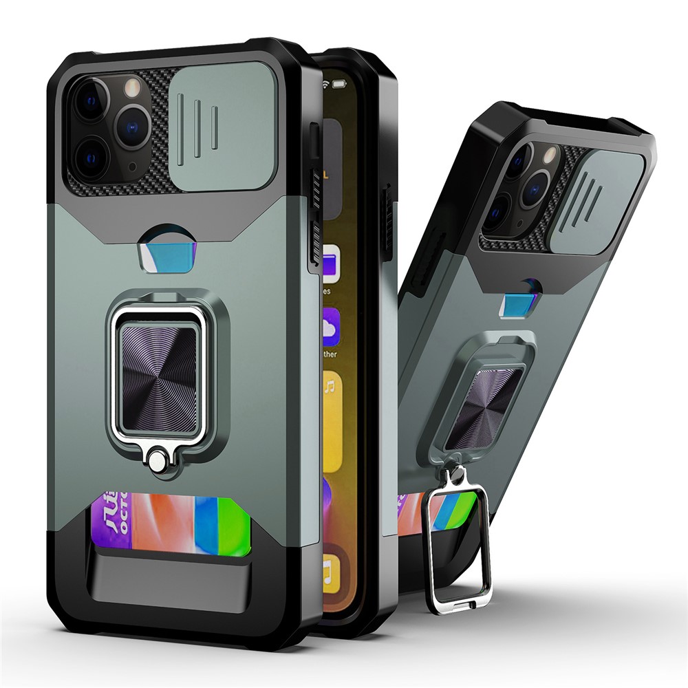 Sliding Camera Cover Design Anti-Drop Ring Holder Kickstand Phone Case with Card Slot for iPhone 11 Pro Max 6.5 inch - Blackish Green-1