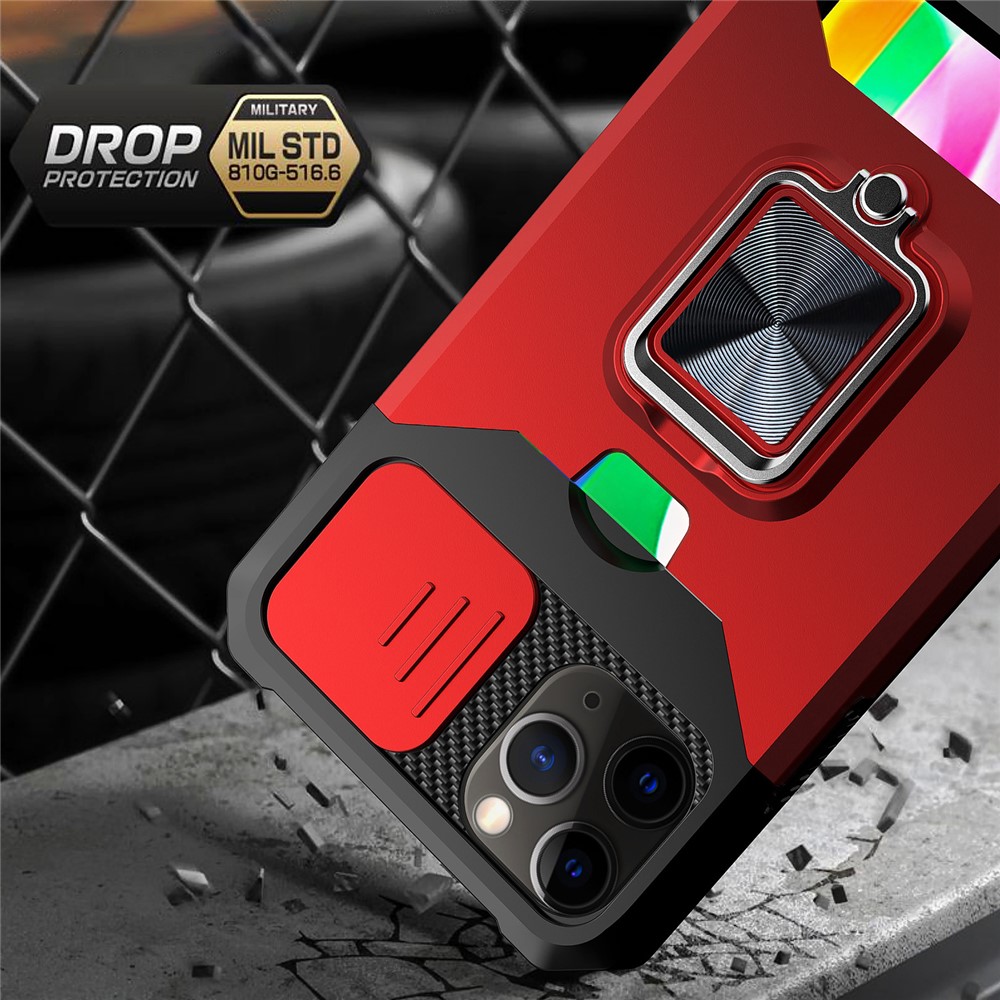 Sliding Camera Cover Design Anti-Drop Ring Holder Kickstand Phone Case with Card Slot for iPhone 11 Pro Max 6.5 inch - Blackish Green-2