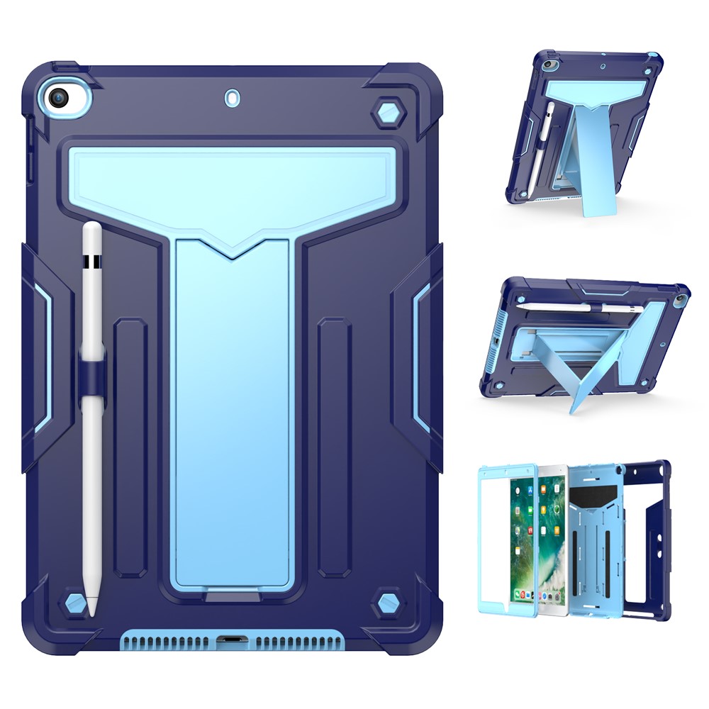 T-shaped Kickstand Design Anti-drop Shockproof PC + Silicone Tablet Case Protector for iPad 10.2 (2021) - Navy Blue/Blue