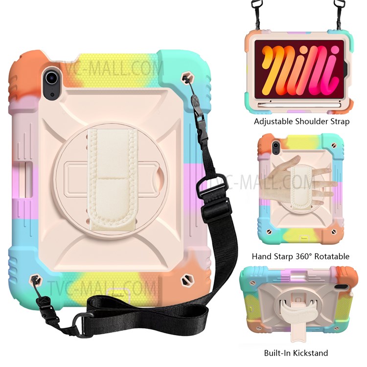 Rainbow Style 360-Degree Swivel Handy Strap Built-in Kickstand Tablet Case with Shoulder Strap for iPad mini (2021) - Multicolor/Rose Gold-2