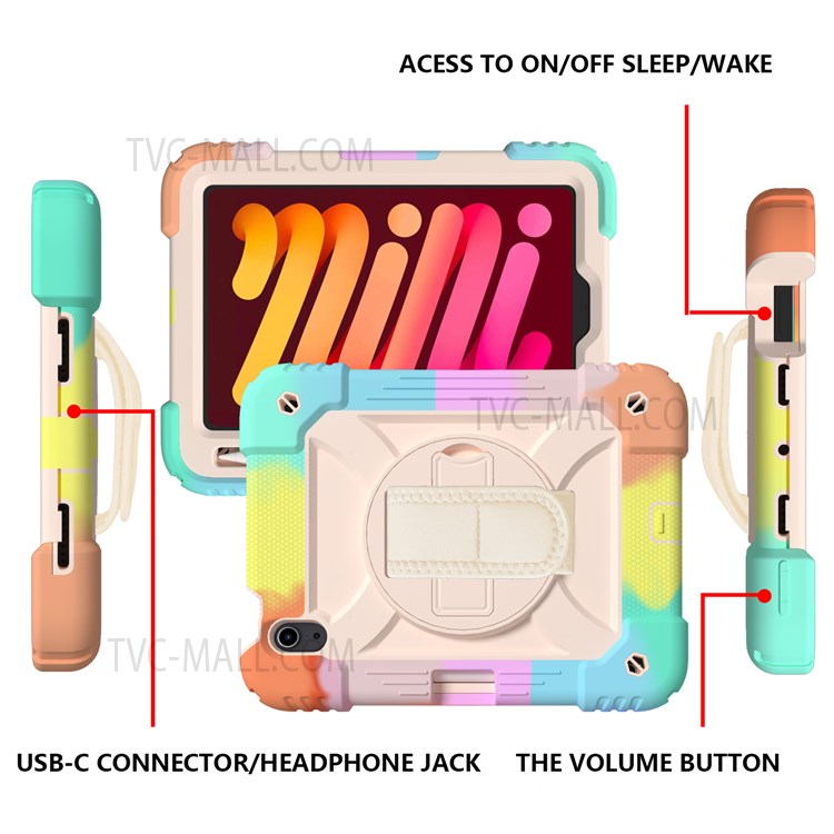 Rainbow Style 360-Degree Swivel Handy Strap Built-in Kickstand Tablet Case with Shoulder Strap for iPad mini (2021) - Multicolor/Rose Gold-4