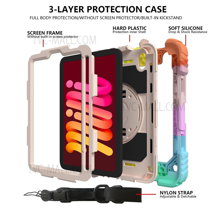Rainbow Style 360-Degree Swivel Handy Strap Built-in Kickstand Tablet Case with Shoulder Strap for iPad mini (2021) - Multicolor/Rose Gold-5