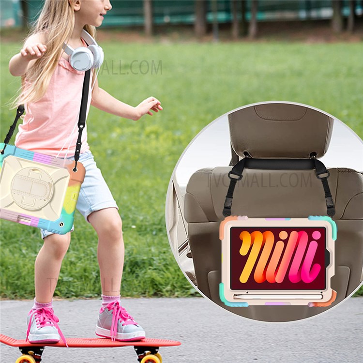 Rainbow Style 360-Degree Swivel Handy Strap Built-in Kickstand Tablet Case with Shoulder Strap for iPad mini (2021) - Multicolor/Rose Gold-7