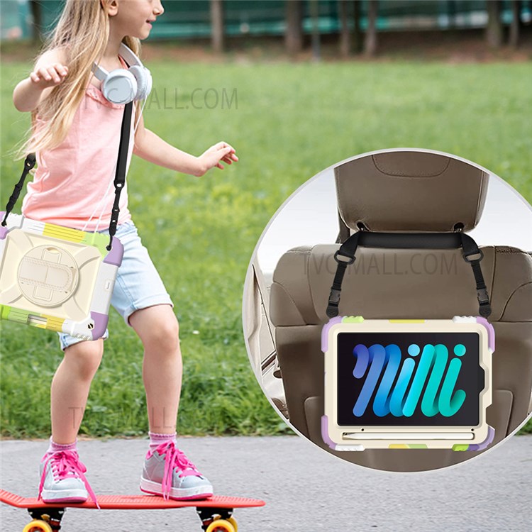 Rainbow Style 360-Degree Swivel Handy Strap Built-in Kickstand Tablet Case with Shoulder Strap for iPad mini (2021) - Multicolor/Beige-7
