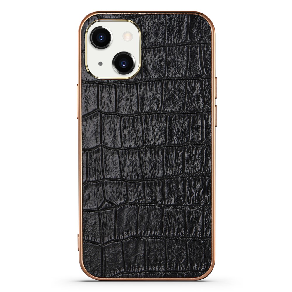 Anti-collision Crocodile Texture Genuine Leather Coated Electroplating TPU Back Cover for iPhone 13 6.1 inch - Black-1