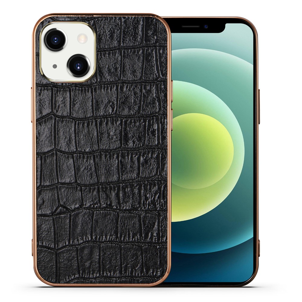 Anti-collision Crocodile Texture Genuine Leather Coated Electroplating TPU Back Cover for iPhone 13 6.1 inch - Black-2