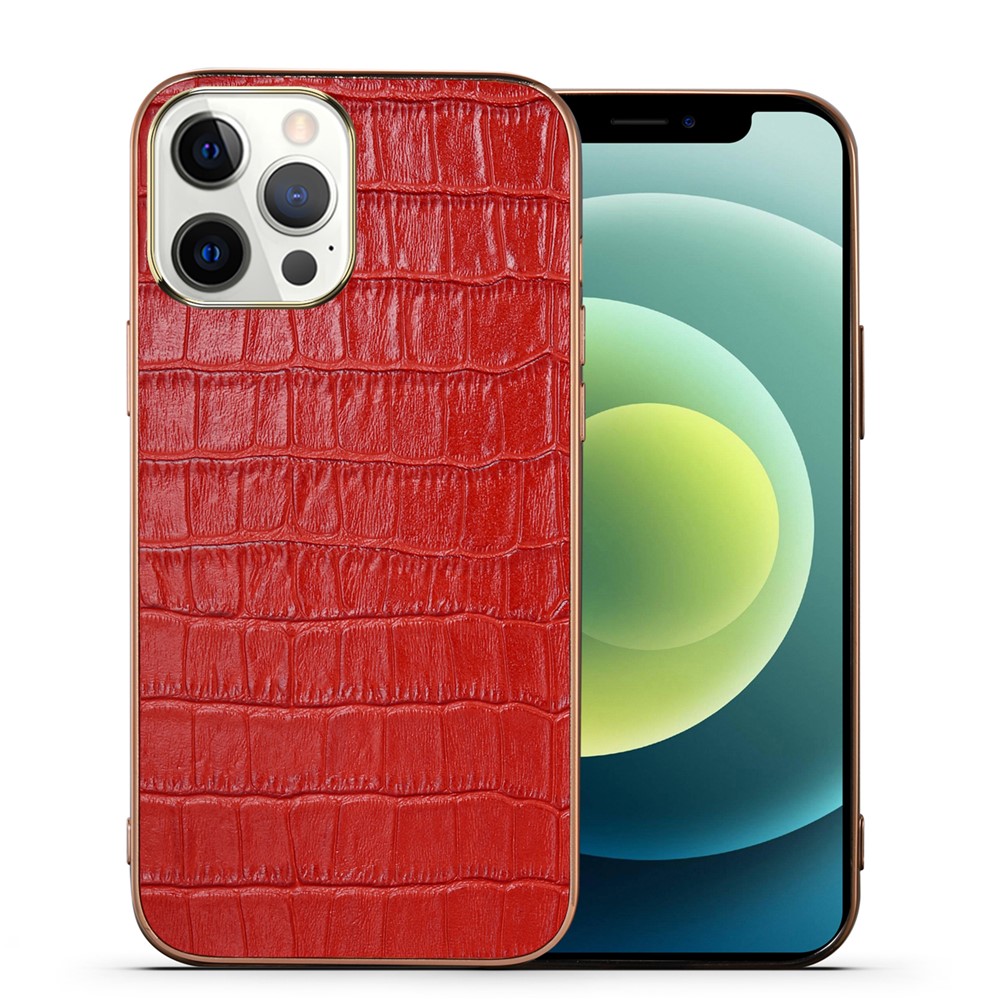 Crocodile Texture Genuine Leather Coated Electroplating TPU Case Anti-fall Phone Shell for iPhone 13 Pro 6.1 inch - Red-2