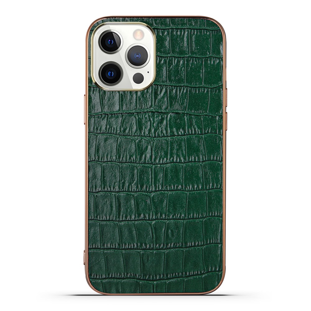 Crocodile Texture Genuine Leather Coated Electroplating TPU Phone Case Back Protector for iPhone 13 Pro Max 6.7 inch - Green-1