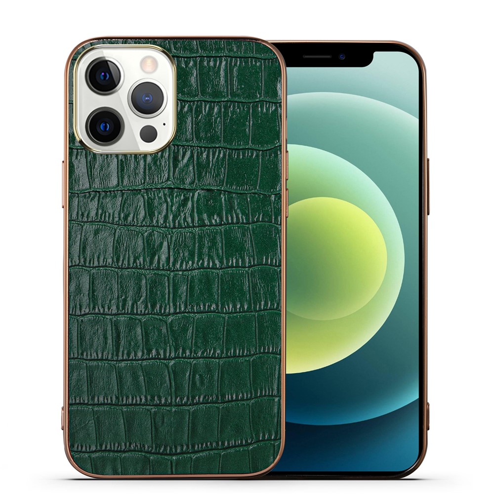 Crocodile Texture Genuine Leather Coated Electroplating TPU Phone Case Back Protector for iPhone 13 Pro Max 6.7 inch - Green-2