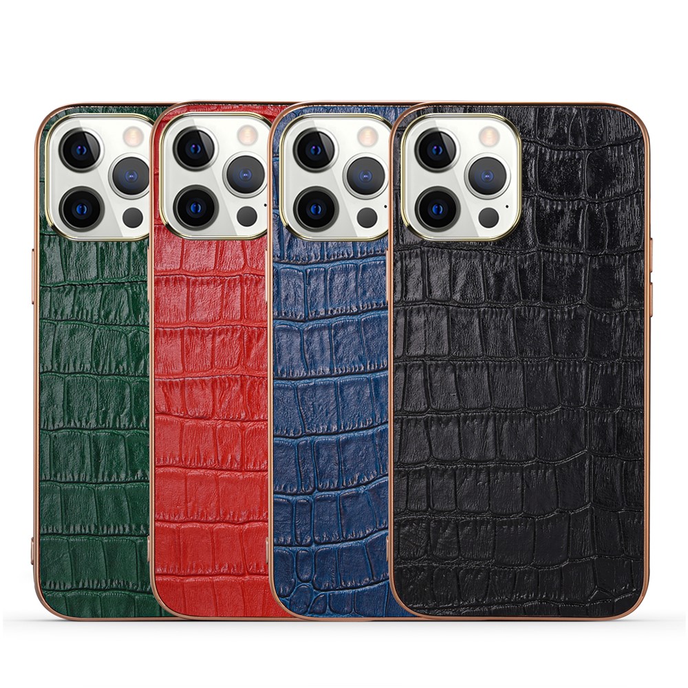 Crocodile Texture Genuine Leather Coated Electroplating TPU Phone Case Back Protector for iPhone 13 Pro Max 6.7 inch - Green-5