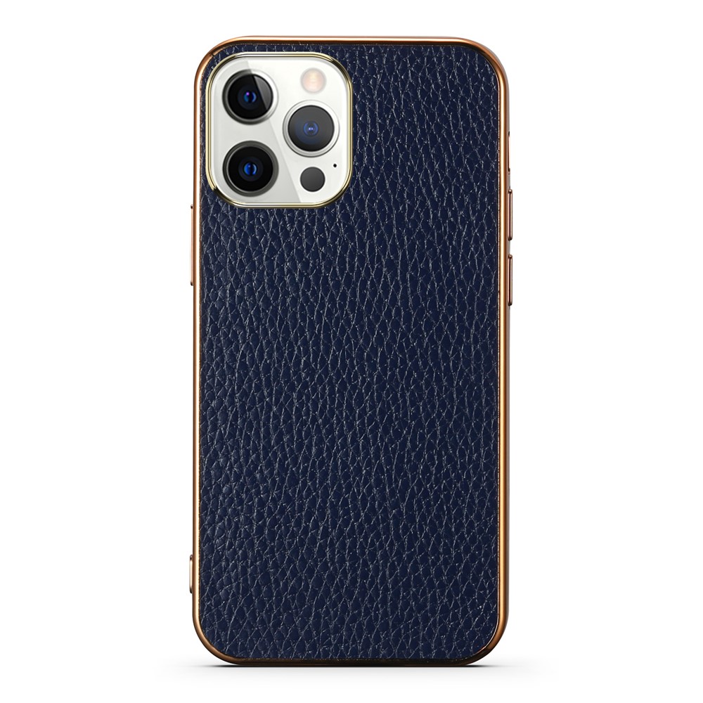 Electroplating Litchi Texture Genuine Leather Coated TPU Case Drop-proof Back Shell for iPhone 13 Pro 6.1 inch - Blue-1