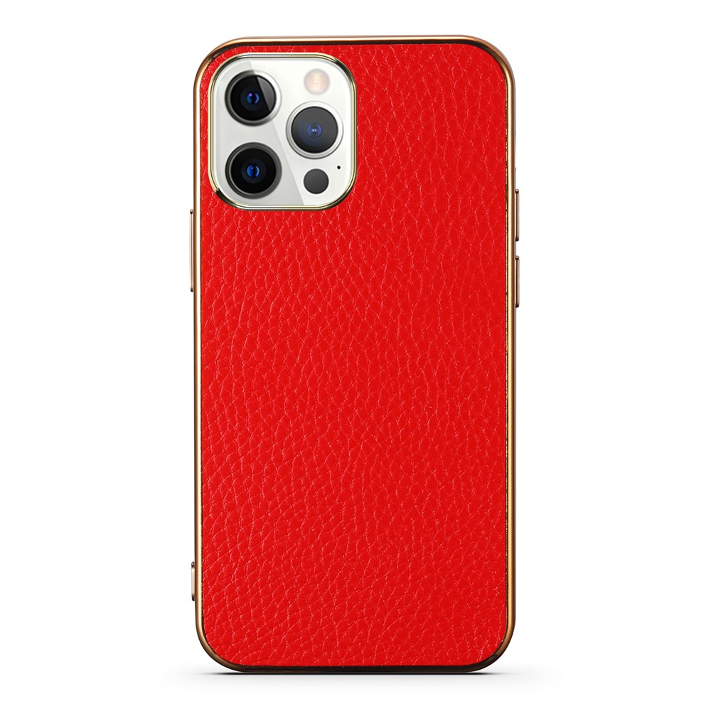 Anti-scratch Electroplating Litchi Texture Genuine Leather Coated TPU Case for iPhone 13 Pro Max 6.7 inch - Red-1