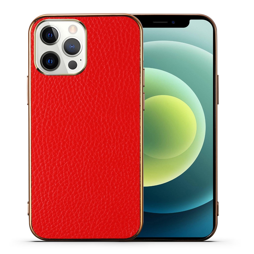 Anti-scratch Electroplating Litchi Texture Genuine Leather Coated TPU Case for iPhone 13 Pro Max 6.7 inch - Red-2