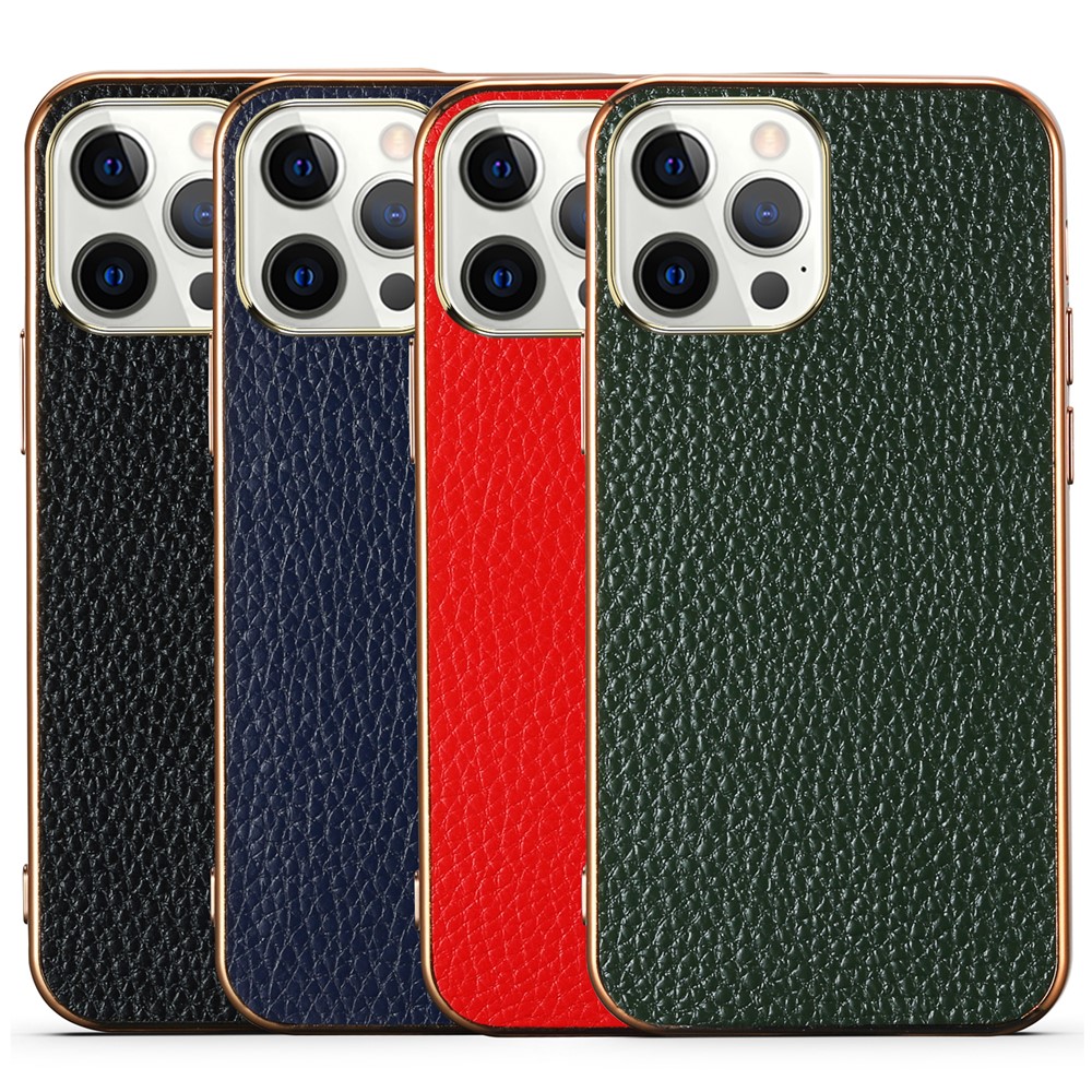 Anti-scratch Electroplating Litchi Texture Genuine Leather Coated TPU Case for iPhone 13 Pro Max 6.7 inch - Red-5