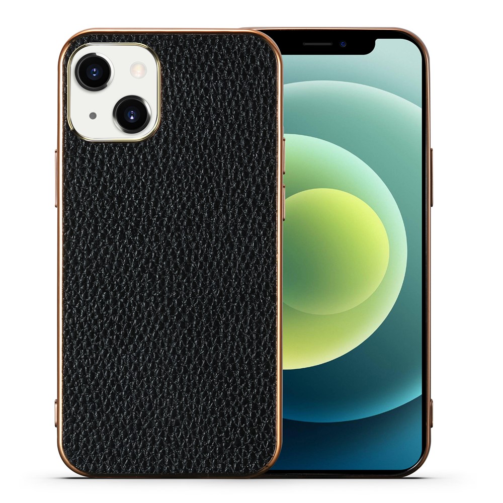Dust-proof Electroplating Litchi Texture Genuine Leather Coated TPU Case for iPhone 13 mini 5.4 inch - Black-2