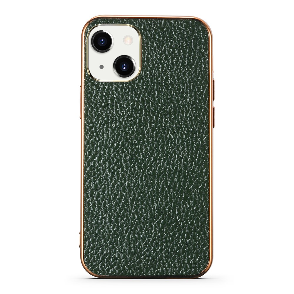 For iPhone 13 6.1 inch Electroplating Litchi Texture Genuine Leather Coated TPU Protective Case - Green-1