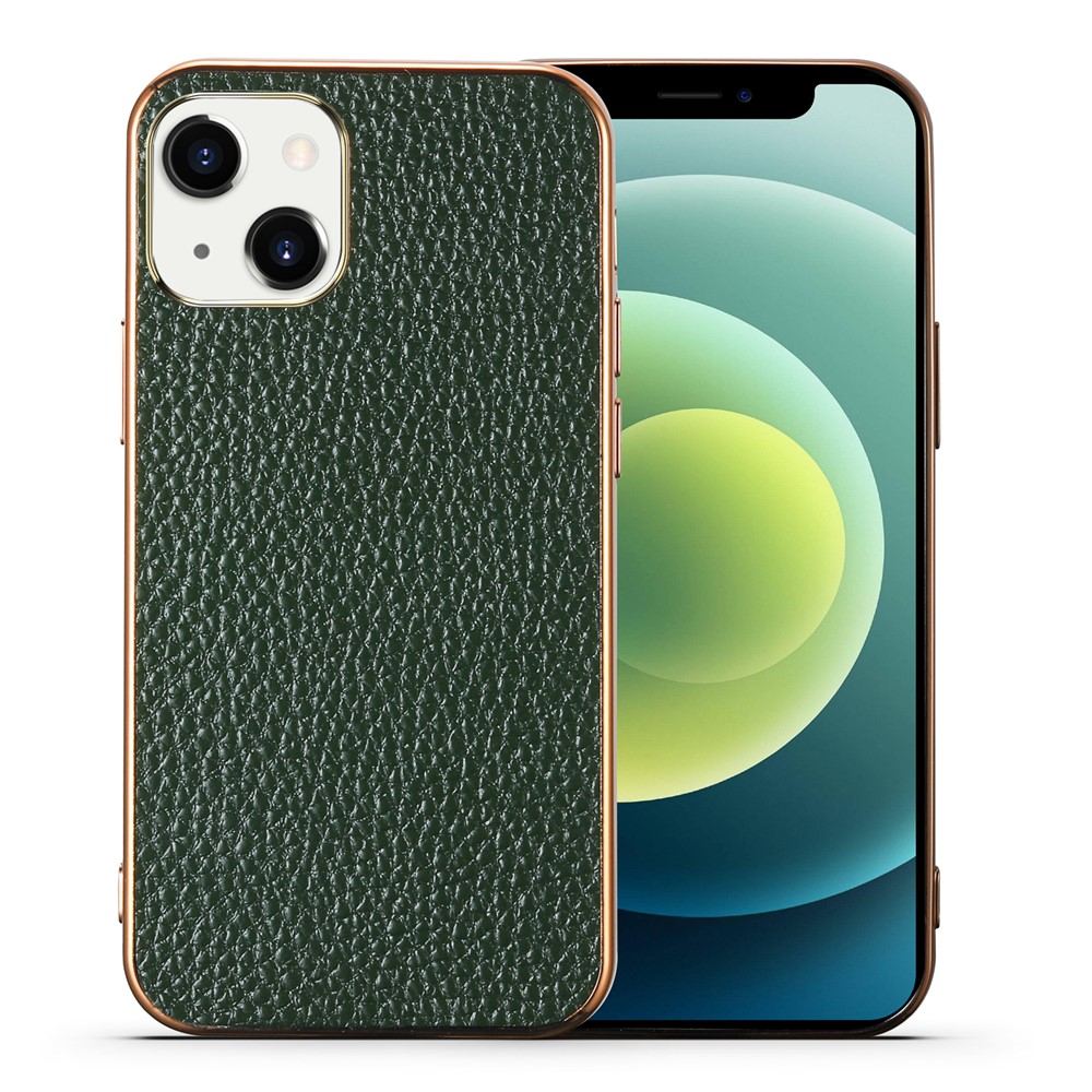 For iPhone 13 6.1 inch Electroplating Litchi Texture Genuine Leather Coated TPU Protective Case - Green-2
