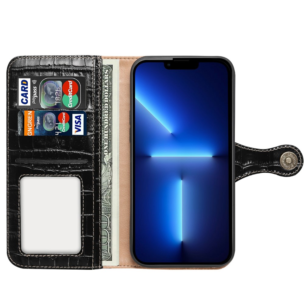 Crocodile Texture Viewing Stand Genuine Leather Wallet Case with Magnet Snap for iPhone 13 Pro 6.1 inch - Black-5