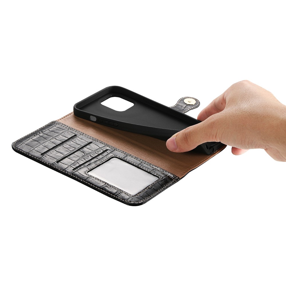 Crocodile Texture Viewing Stand Genuine Leather Wallet Case with Magnet Snap for iPhone 13 Pro 6.1 inch - Black-6