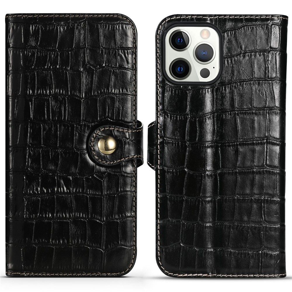 Crocodile Texture Genuine Leather Wallet Folio Case Stand Shockproof TPU Cover for iPhone 13 Pro Max 6.7 inch - Black-1
