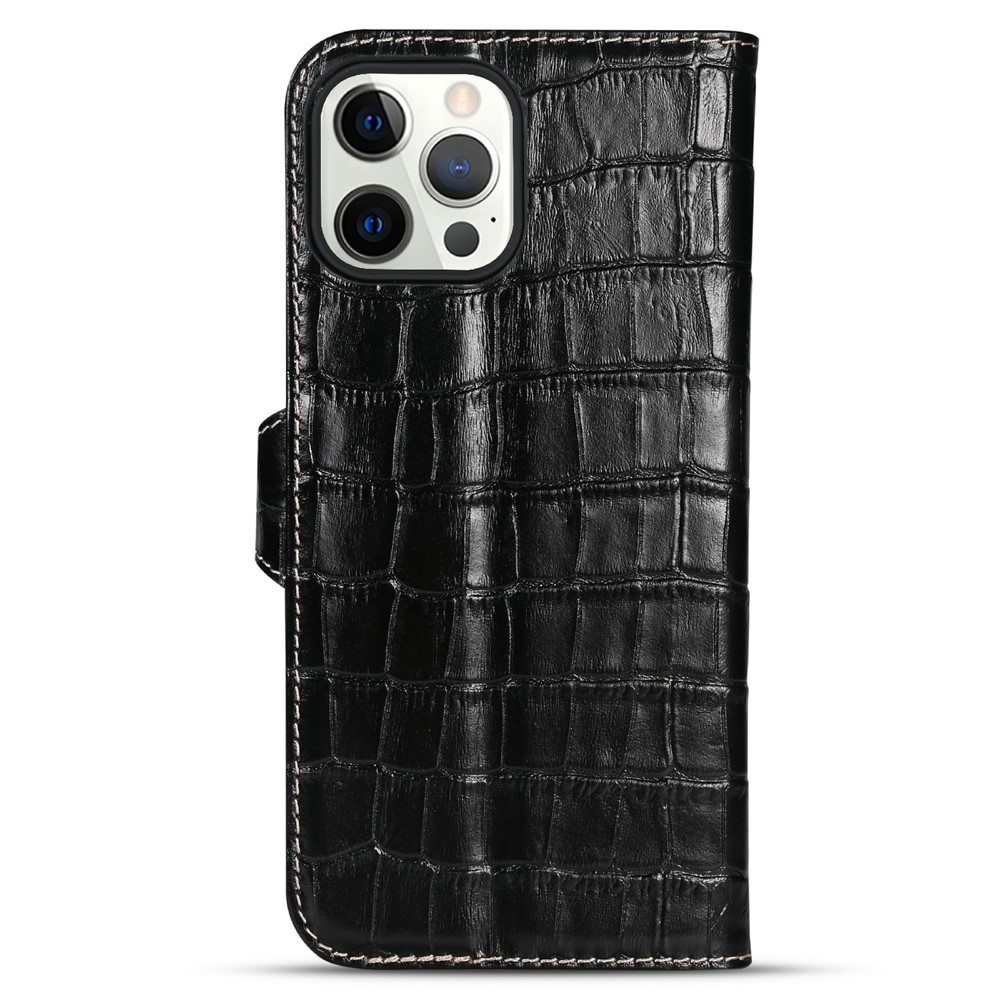 Crocodile Texture Genuine Leather Wallet Folio Case Stand Shockproof TPU Cover for iPhone 13 Pro Max 6.7 inch - Black-3