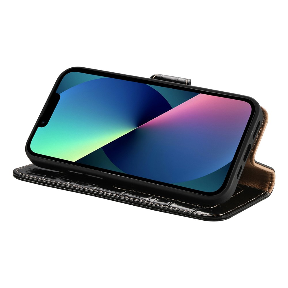 Crocodile Texture Cowhide Genuine Leather Wallet Stand Case Anti-Fall TPU Inner Phone Cover for iPhone 13 mini 5.4 inch - Black-4
