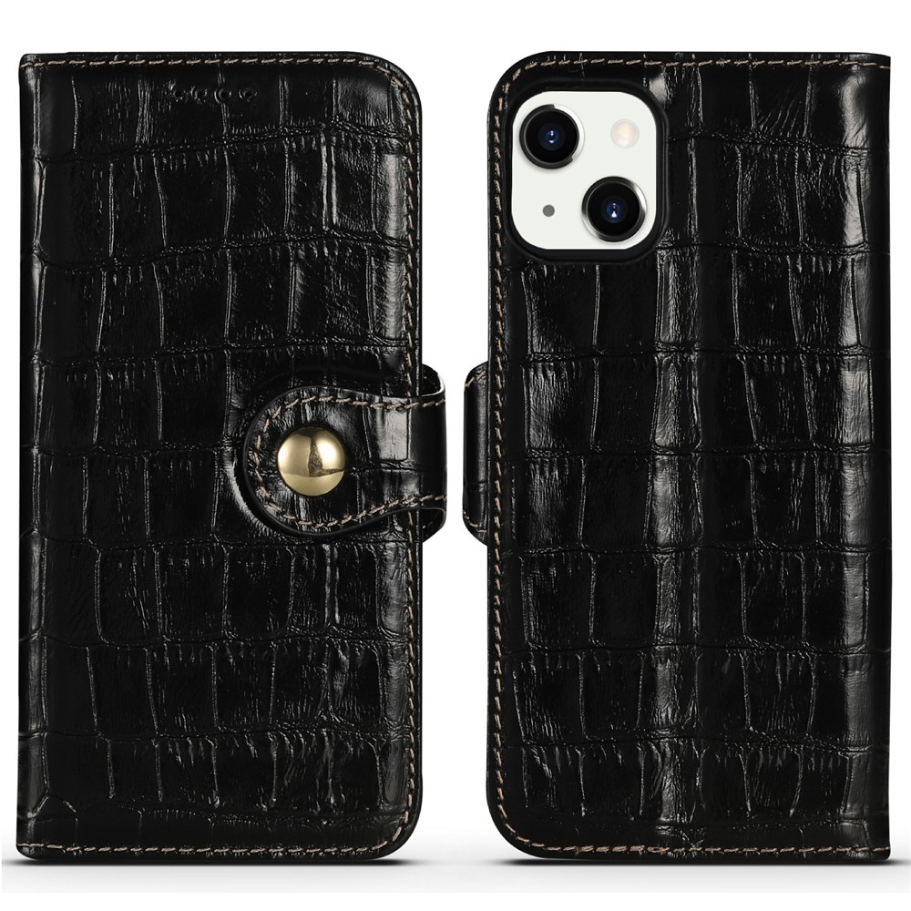 Wallet Design Crocodile Texture Genuine Leather Flip Folio Stand Protective Cover for iPhone 13 6.1 inch - Black-1