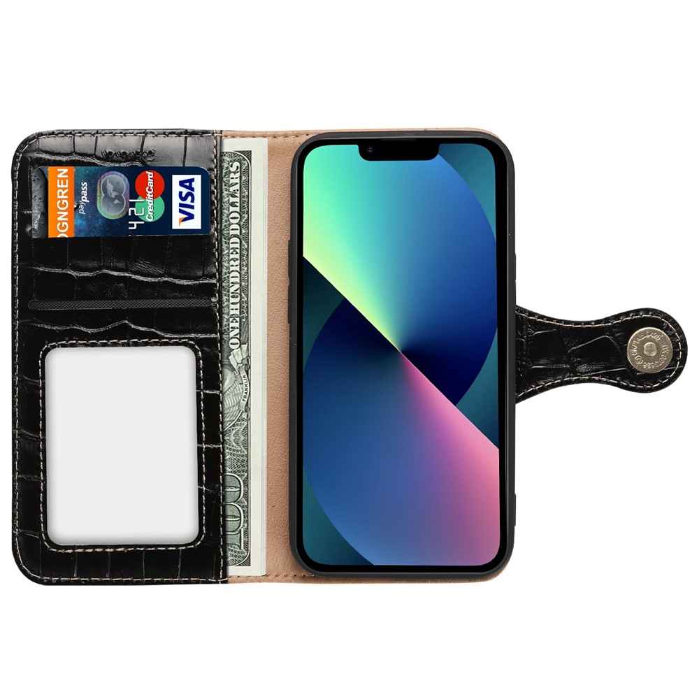 Wallet Design Crocodile Texture Genuine Leather Flip Folio Stand Protective Cover for iPhone 13 6.1 inch - Black-5