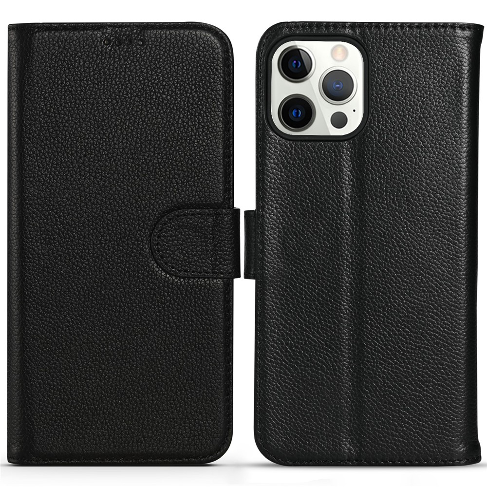Litchi Texture Stand Genuine Leather Wallet Magnetic Flip Cover for iPhone 13 Pro Max 6.1 inch - Black-1